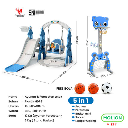 SNI Certified Play Toy HDPE Slide with Basketball Hoop and Swing Playground for Kids 001-M1311