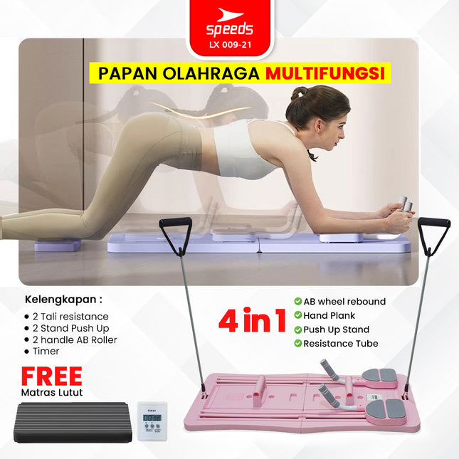 SPEEDS Papan Pilates Papan Perut Latihan Perut Aerobik 4in1 Push Up Ab Wheel Fitness Multifungsi 009-21