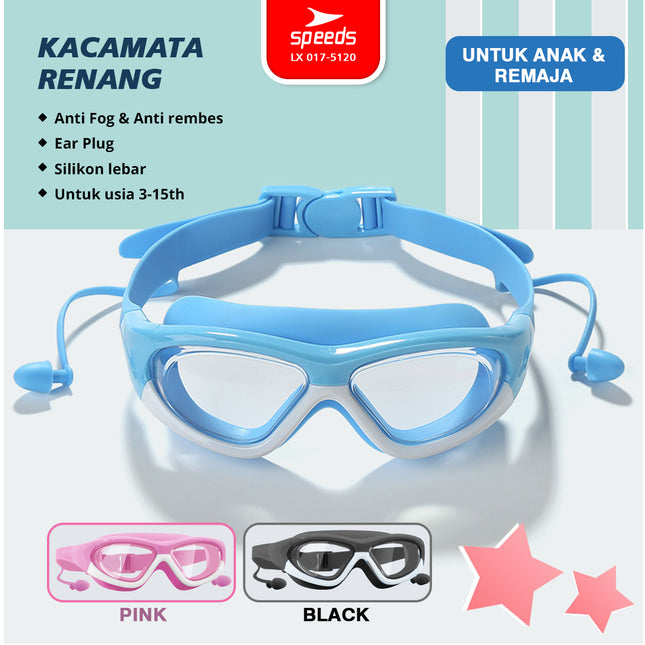 SPEEDS Kacamata Renang Built-In Earplug Anak Elastis Anti FOG UV Kids Swimming Glasses Goggles Perlengkapan Renang 017-5120