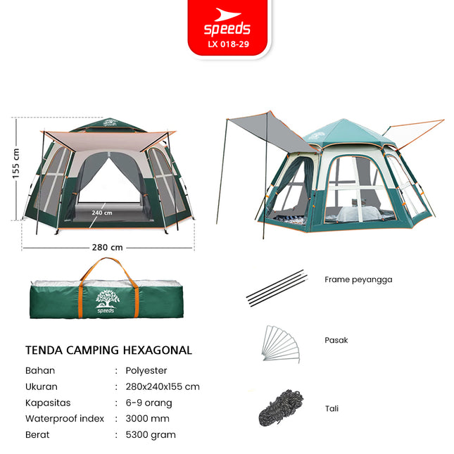 SPEEDS Tenda Camping Besar Otomatis Muat 6-9 Orang 018-29