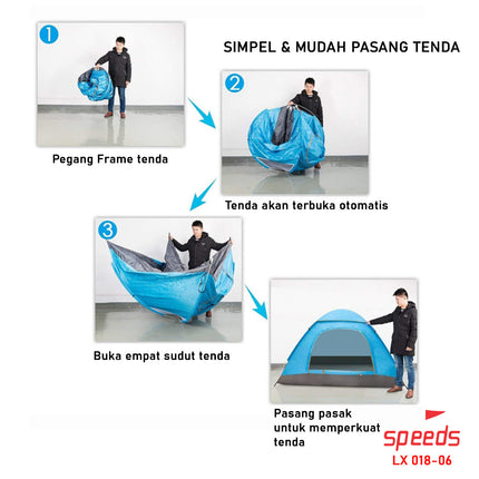 SPEEDS Tenda Camping Biru Kapasitas 2 Orang Tenda Otomatis Outdoor & Indoor Tenda Lipat 018-6