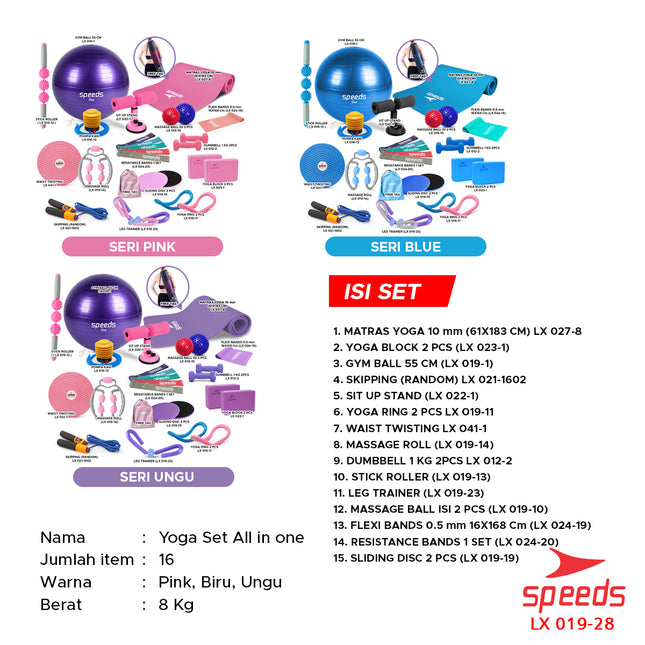 SPEEDS Peralatan Yoga 16 item Alat Yoga 1 Set 16in1 Skipping Gym Ball Sit Up Stand Yoga Mat 019-28