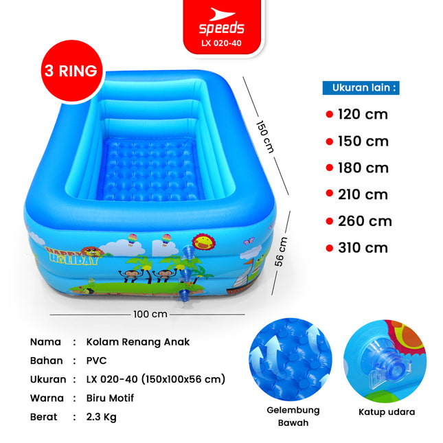 SPEEDS Kolam Renang 150x105x56cm Balita Kolam Anak Tiup Bahan Tebal 3 Ring Layer Swimming Pool For Kids 020-40