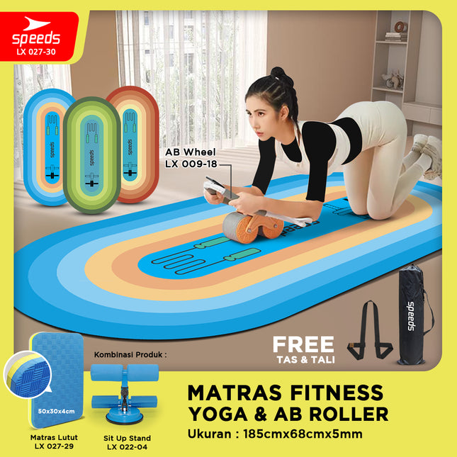 SPEEDS Matras Fitness Alas Yoga Mat Ab Wheel Ab Roller Latihan Fitness Mat Anti Slip Blue LX 027-30