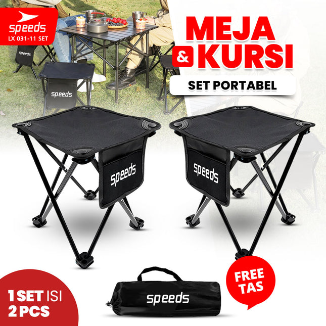 SPEEDS Meja Kursi Lipat Portable Kursi Camping Kursi Gunung Kursi Sauna Bangku Dengan Klip Pengait 031-11 Set Hitam