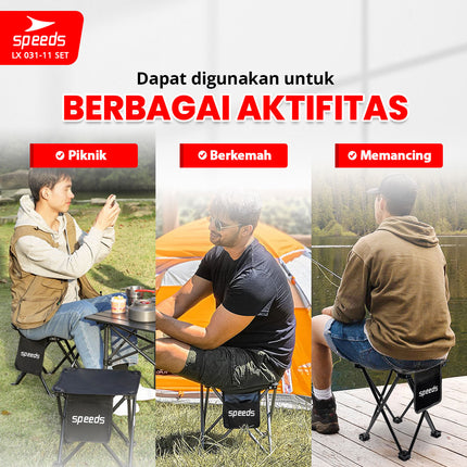 SPEEDS Meja Kursi Lipat Portable Kursi Camping Kursi Gunung Kursi Sauna Bangku Dengan Klip Pengait 031-11 Set Hitam