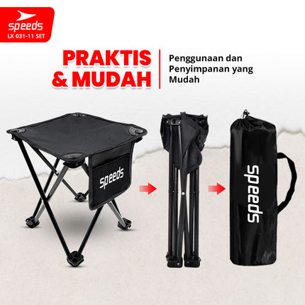 SPEEDS Meja Kursi Lipat Portable Kursi Camping Kursi Gunung Kursi Sauna Bangku Dengan Klip Pengait 031-11 Set Hitam