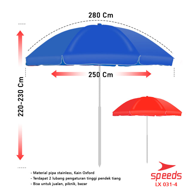 SPEEDS Payung Tenda Lebar 280CM Payung Pantai Cafe Bazaar Parasol Diameter Tenda Booth Jualan 031-4