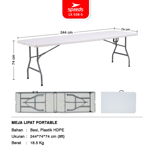 SPEEDS Folding Table 244x75x74cm HDPE Indoor Outdoor Picnic Exhibition Multipurpose Large Dining Table 038-5