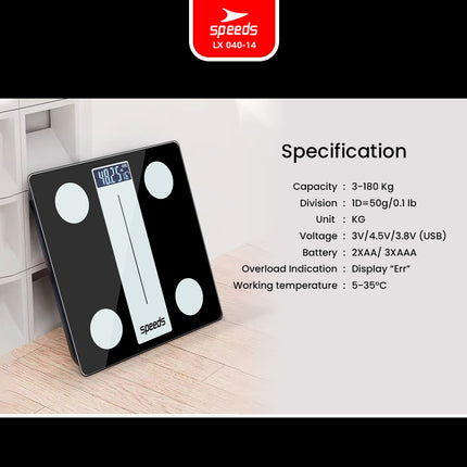 SPEEDS Timbangan Badan Smart Digital Weight Scale Scales 26cm Fat Scaler USB Aplikasi Pengukur Lemak 040-14