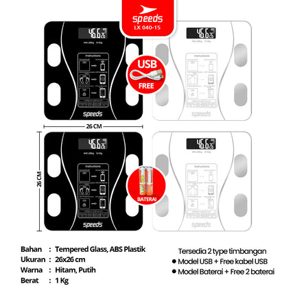 SPEEDS Timbangan Badan Smart Lemak Fat Digital Weight Scale Scales 26cm Fat Scaler USB Aplikasi Pengukur Lemak 040-15
