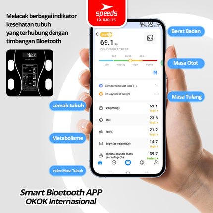 SPEEDS Timbangan Badan Smart Lemak Fat Digital Weight Scale Scales 26cm Fat Scaler USB Aplikasi Pengukur Lemak 040-15