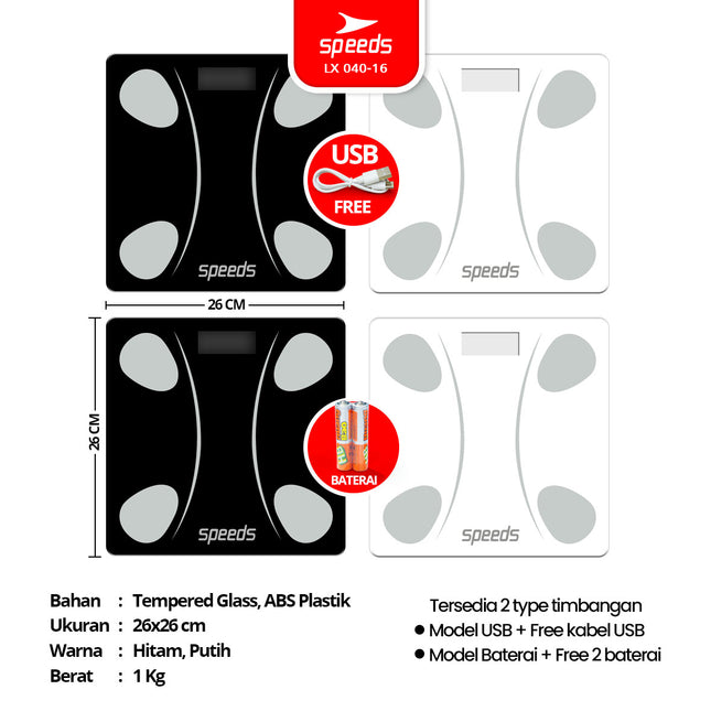 SPEEDS Timbangan Dilengkap Aplikasi Smart Bluetooth 26cm 040-16