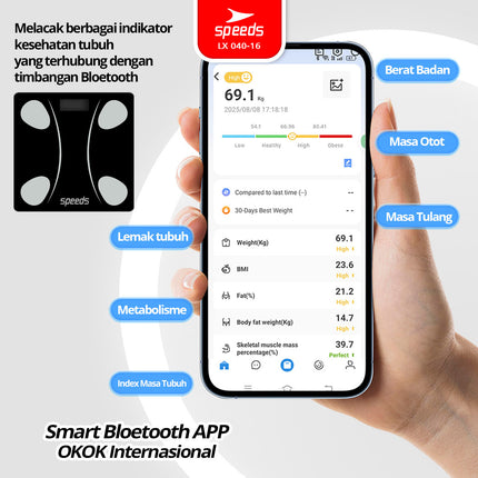 SPEEDS Timbangan Badan Smart Digital Weight Scale Scales 26cm Fitur Lengkap Fat Scaler USB Aplikasi Pengukur Lemak 040-16