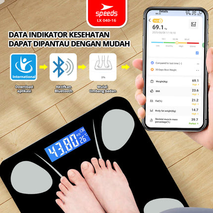 SPEEDS Timbangan Badan Smart Digital Weight Scale Scales 26cm Fitur Lengkap Fat Scaler USB Aplikasi Pengukur Lemak 040-16