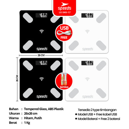 SPEEDS Timbangan Badan Lemak Tinggi Smart Digital Weight Scale Scales 26cm Fat Scaler USB Fitur Lengkap Aplikasi Pengukur Lemak 040-17