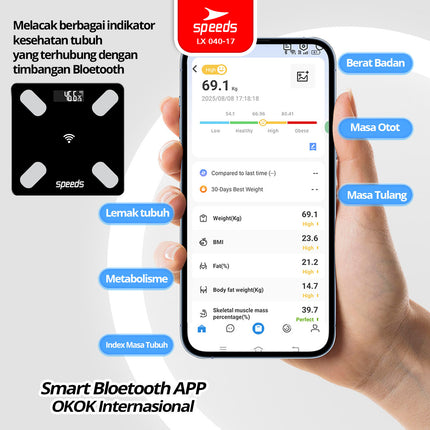 SPEEDS Timbangan Badan Lemak Tinggi Smart Digital Weight Scale Scales 26cm Fat Scaler USB Fitur Lengkap Aplikasi Pengukur Lemak 040-17