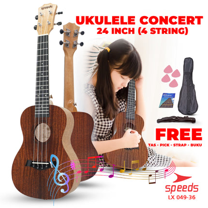 SPEEDS Ukulele Concert Ukulele 4 Senar Ukulele 24 Inch Akustik Kualitas Kayu Premium 049-36