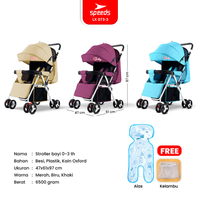 SPEEDS Stroller Anak Full Cover  Portabel Premium Newborn Baby Stroller Travel 2 Fitur Lengkap Kereta Dorong Bayi LX 073-3
