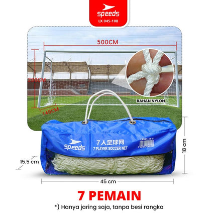SPEEDS Jaring Gawang Sepak Bola 7x2m Bahan Nylon Profesional Futsal Soccer Net Goals Standard 045-10