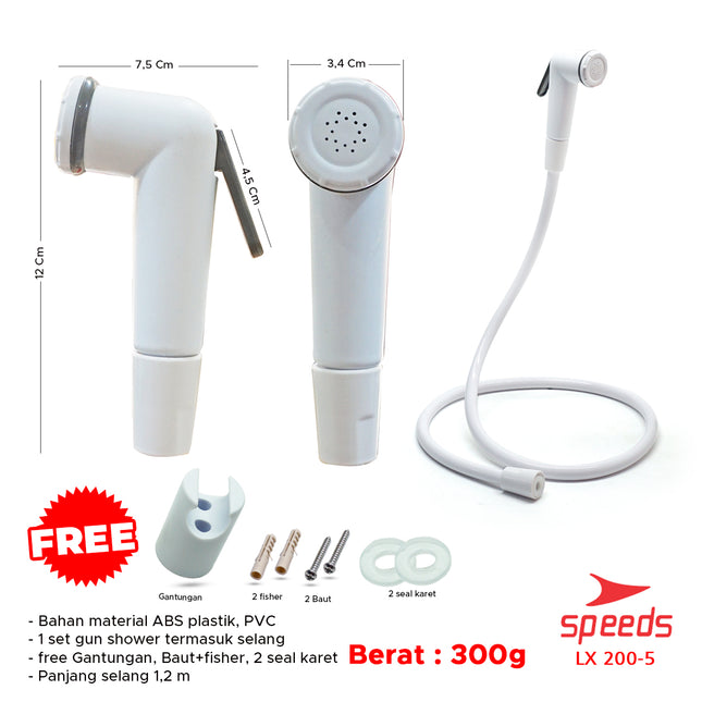 SPEEDS Kepala Shower Head Shower Set Mandi White Shower Putih Plus Selang Flexible 200-5