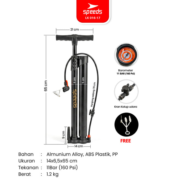 SPEEDS Pompa Angin Floor Pump 160 PSI Dual Tube Air Portabel Pompa Ban Serbaguna 016-17