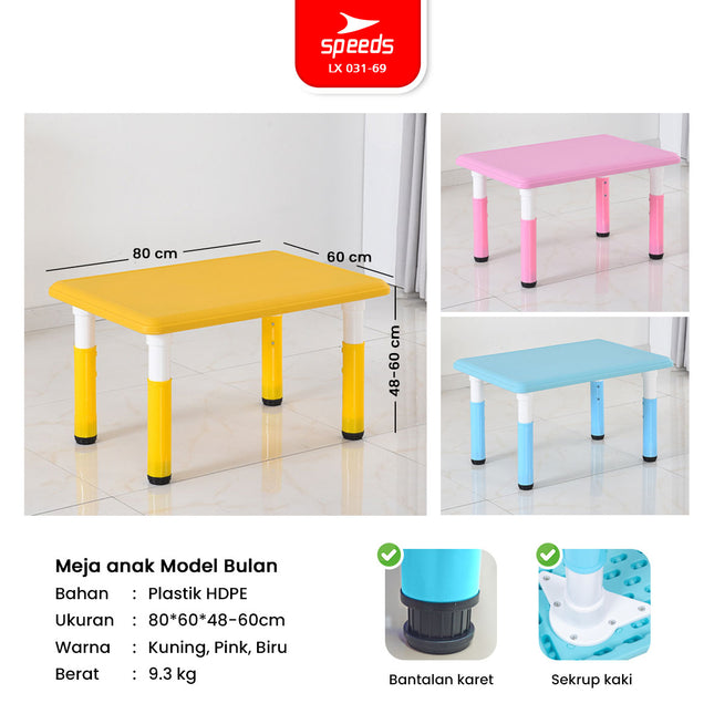 SPEEDS Meja Belajar Anak Tebal Kokoh Rectangular HDPE Kids Table Meja Persegi Panjang TK Paud Colorful Kids Table Warna Warni 031-69