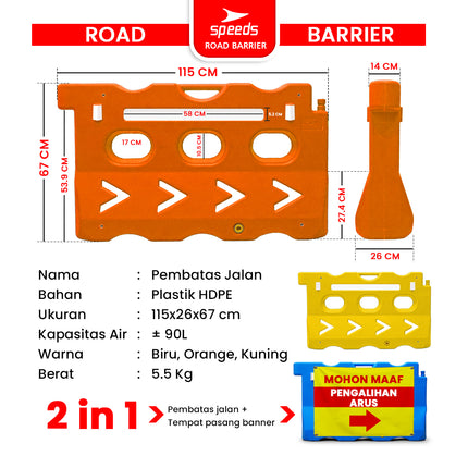 SPEEDS Penutup Jalan Safety Road Barrier Pembatas Road Barrier Block Water Isi Air 2in1 Pemisah Lalu Lintas