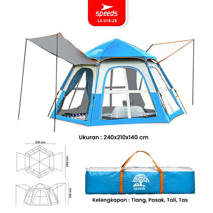 SPEEDS Tenda Camping Besar Portabel Muat 3-5 Orang Otomatis 2 Pintu Kemah Outdoor Dengan Kanopi 018-28